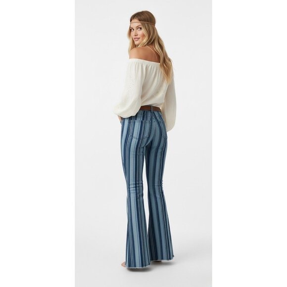 RARE NWT Free People Blue Stripe Super Flare Bell Bottom Jeans Boho Hippie Retro - Picture 8 of 16